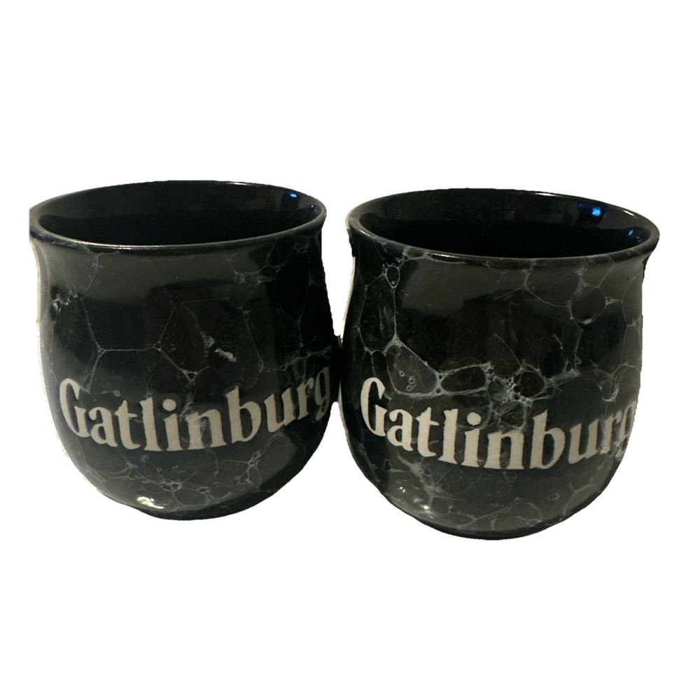 Gatlinburg stoneware black marble look potbelly stove shape coffee mugs 2